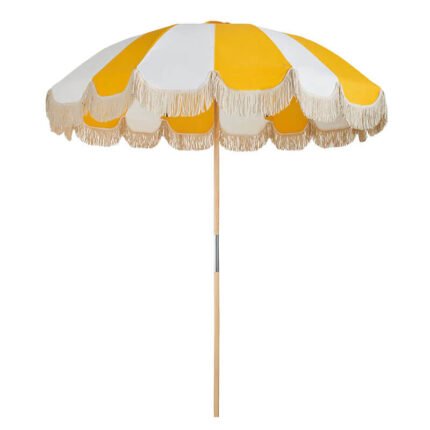 wooden patio umbrella with fringes yellow white